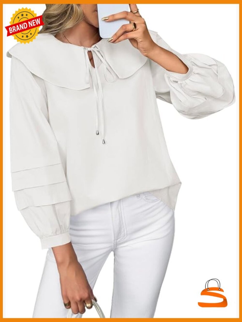 Peter Pan Collar Puff Sleeve Blouse Cotton Loose Fit Top
